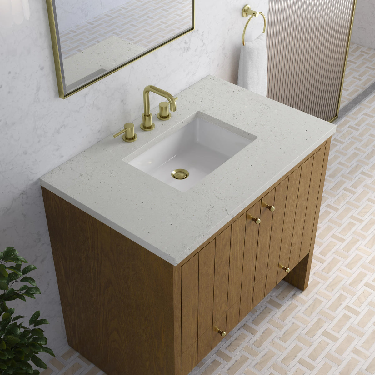 Hudson 36" Single Vanity, Honey Oak w/ 3 CM Lime Delight Silestone Top, view 8