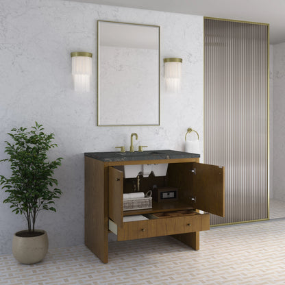 Hudson 36" Single Vanity, Honey Oak w/ 3 CM Parisien Bleu Silestone Top, view 5