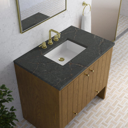 Hudson 36" Single Vanity, Honey Oak w/ 3 CM Parisien Bleu Silestone Top, view 8