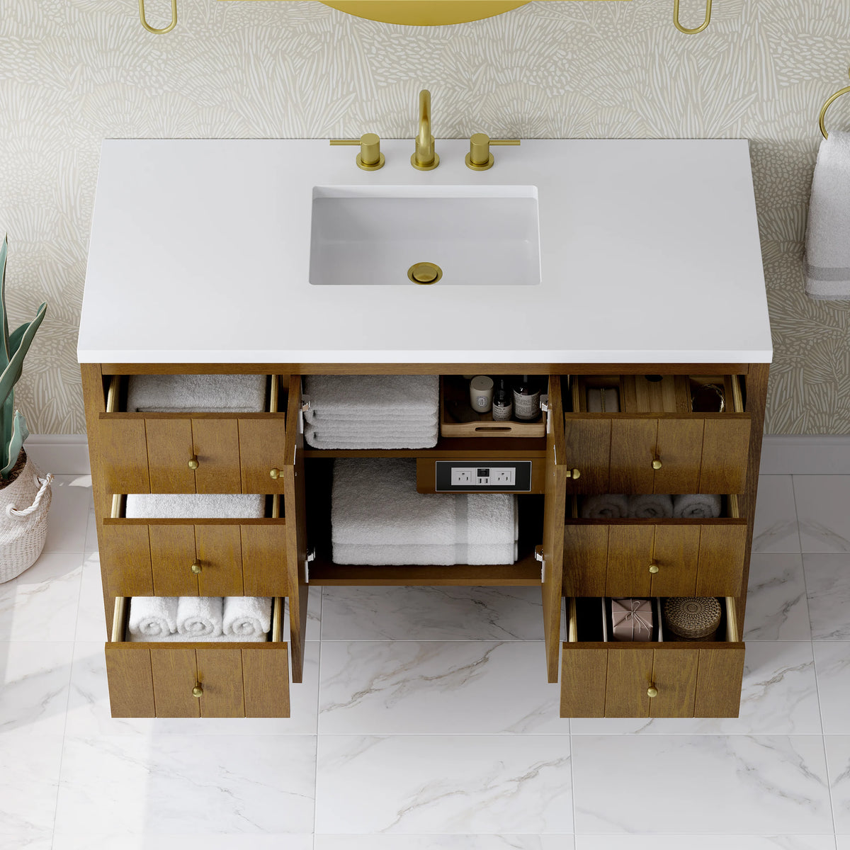 Hudson 48" Single Vanity, Honey Oak w/ 3 CM White Zeus Silestone Top, view 10