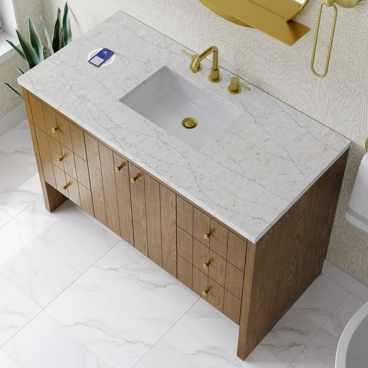 Hudson 48" Single Vanity, Honey Oak w/ 3 CM Eternal Jasmine Pearl Silestone Top w/FreePower Wireless Charger, view 9