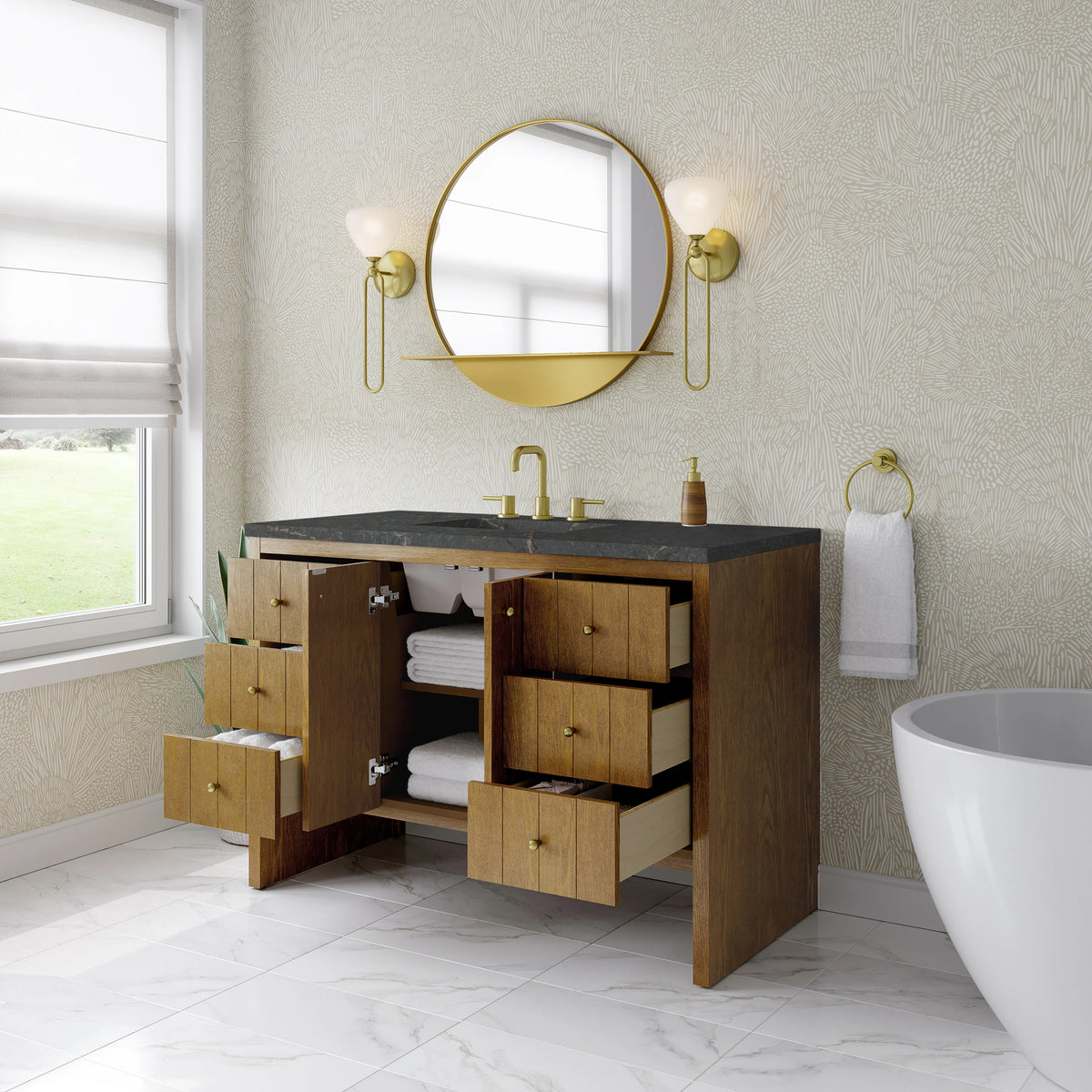 Hudson 48" Single Vanity, Honey Oak w/ 3 CM Parisien Bleu Silestone Top w/FreePower Wireless Charger, view 6