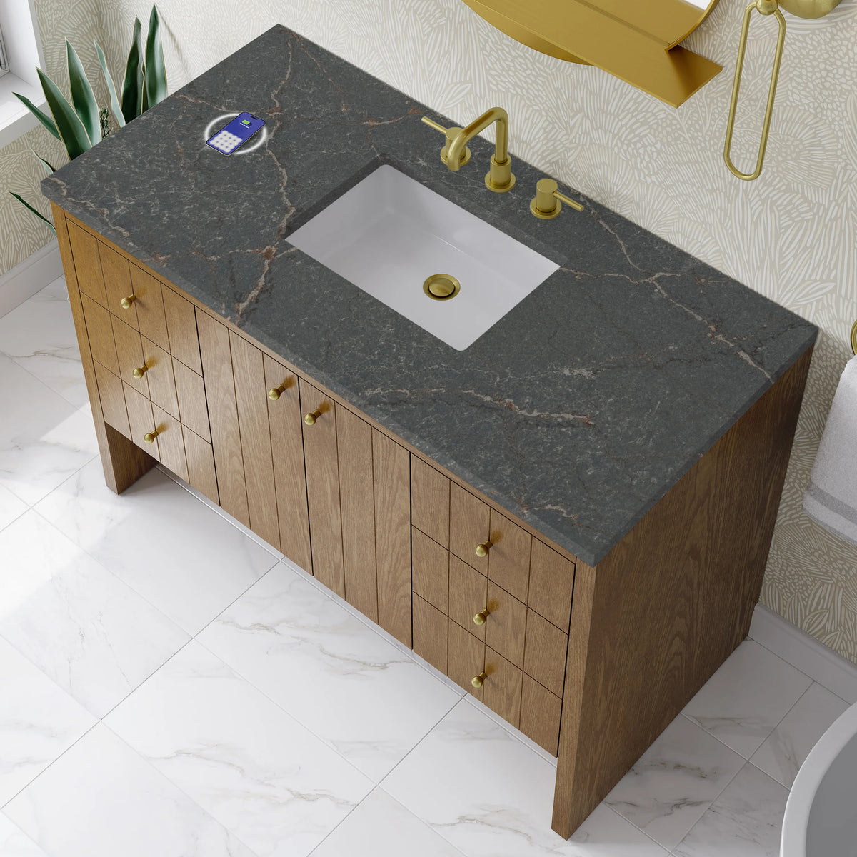 Hudson 48" Single Vanity, Honey Oak w/ 3 CM Parisien Bleu Silestone Top w/FreePower Wireless Charger, view 9