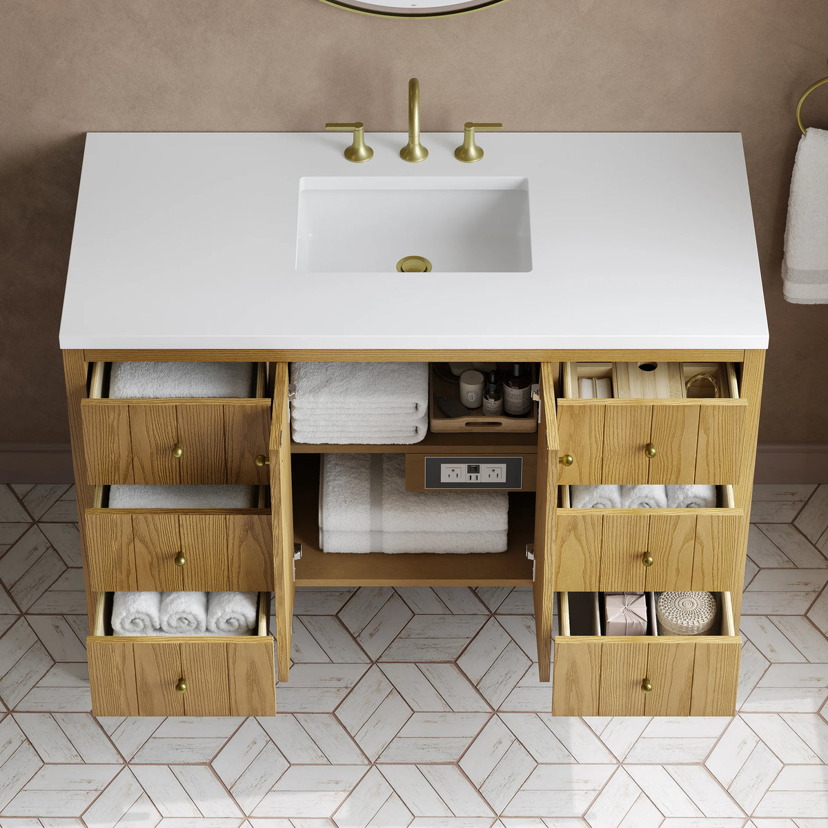 Hudson 48" Single Vanity, Light Natural Oak w/ 3 CM White Zeus Top, view 6