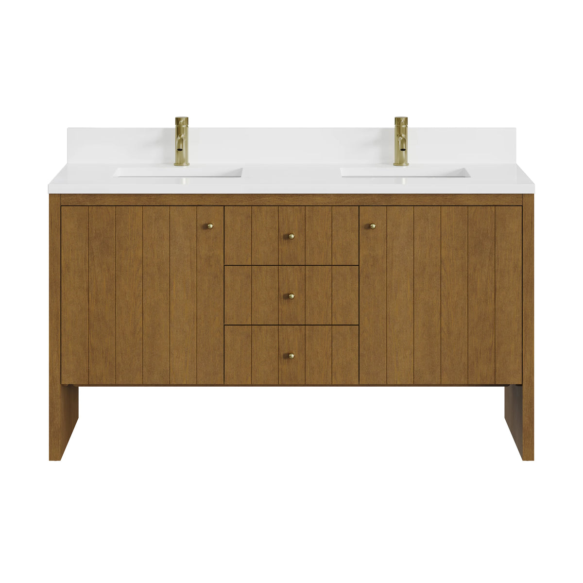 Hudson 60" Double Vanity, Honey Oak w/ Single Hole 3 CM White Zeus Silestone Top and Matching Backsplash