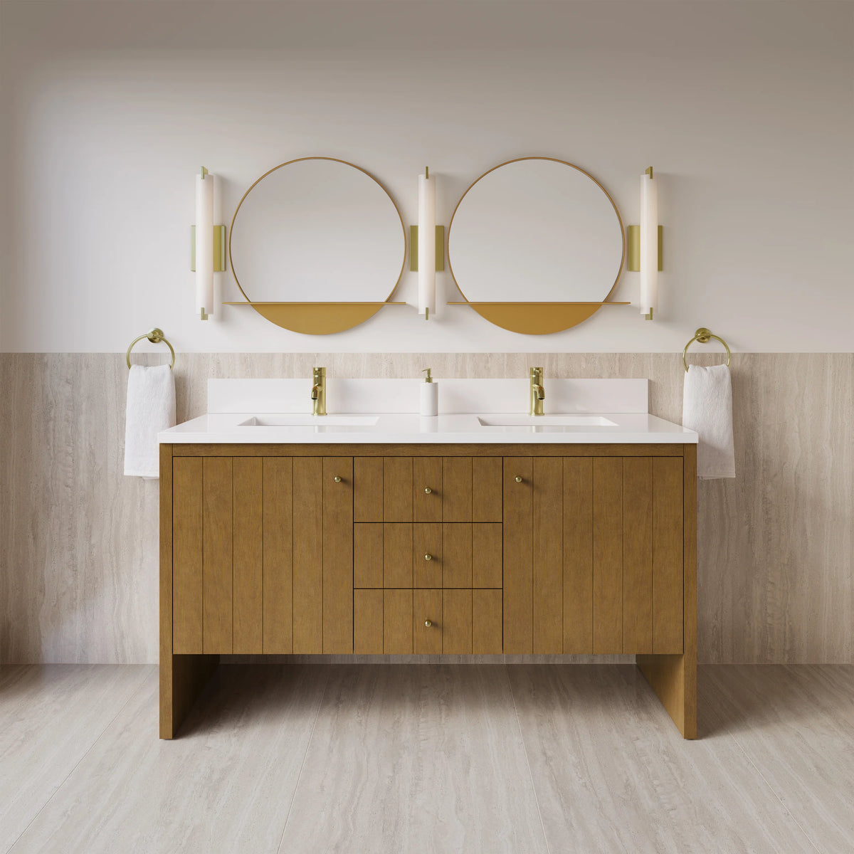 Hudson 60" Double Vanity, Honey Oak w/ Single Hole 3 CM White Zeus Silestone Top and Matching Backsplash, view 3