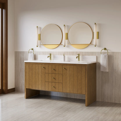 Hudson 60" Double Vanity, Honey Oak w/ Single Hole 3 CM White Zeus Silestone Top and Matching Backsplash, view 4