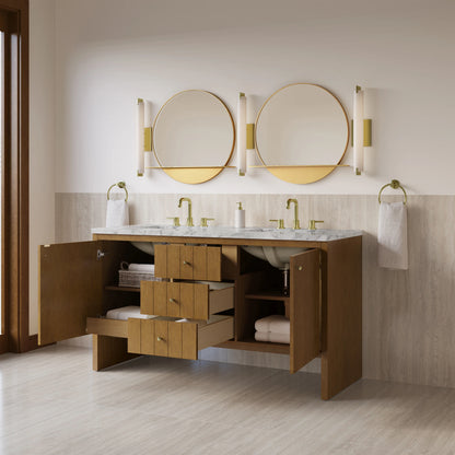 Hudson 60" Double Vanity, Honey Oak w/ 3 CM Carrara Marble Top, view 5