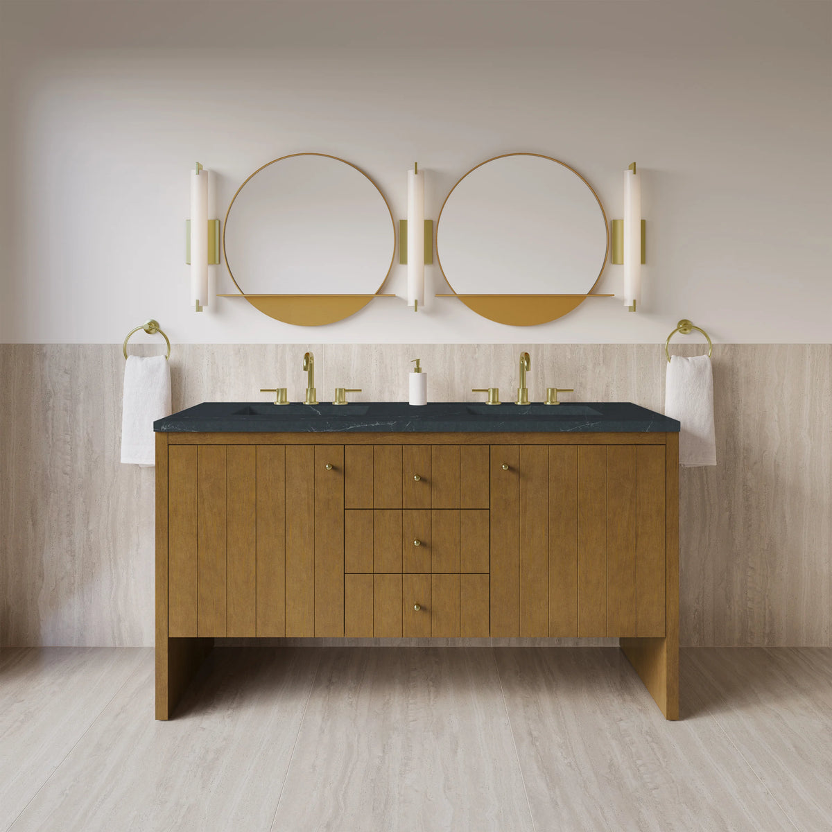 Hudson 60" Double Vanity, Honey Oak w/ 3 CM Charcoal Soapstone Silestone Top, view 3
