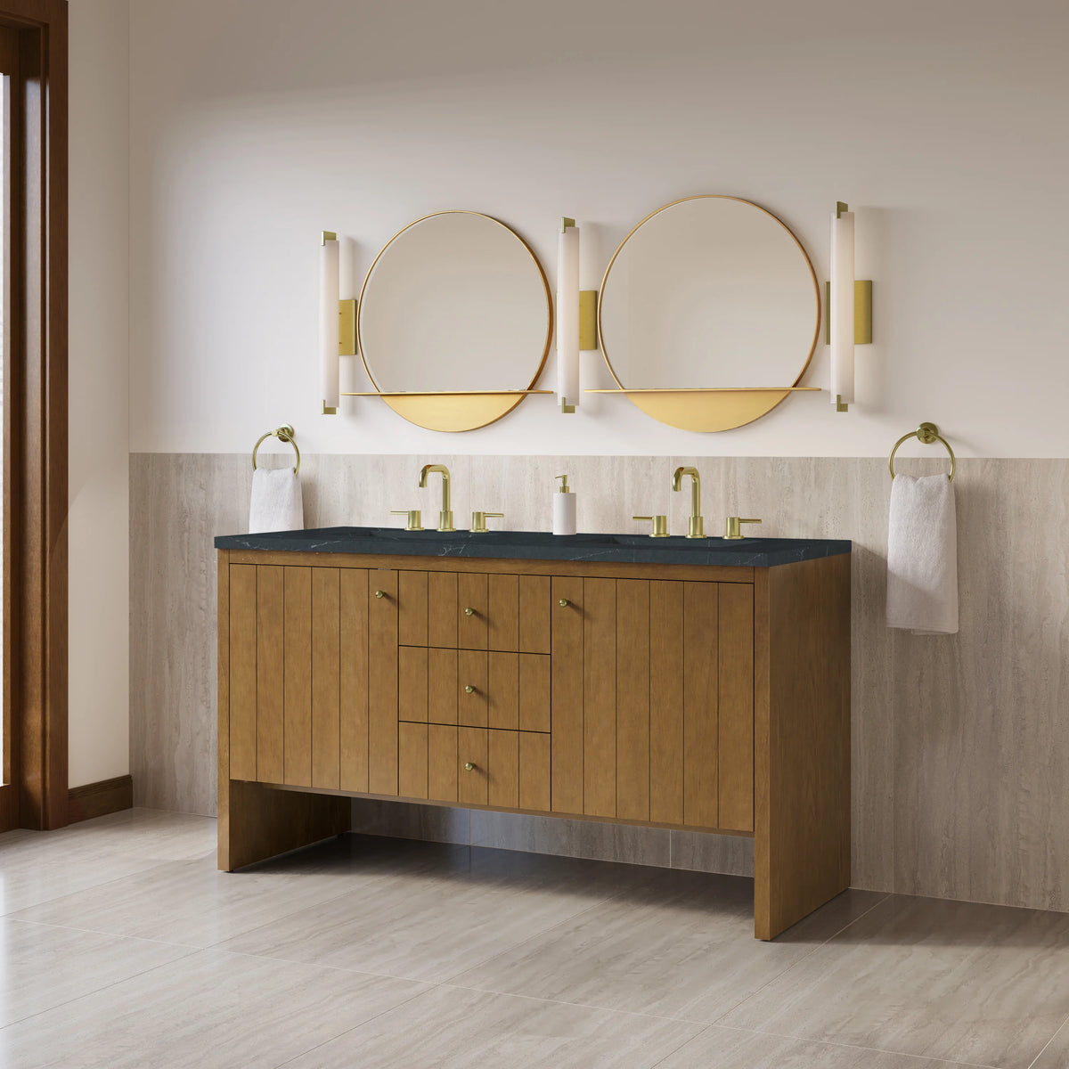 Hudson 60" Double Vanity, Honey Oak w/ 3 CM Charcoal Soapstone Silestone Top, view 4