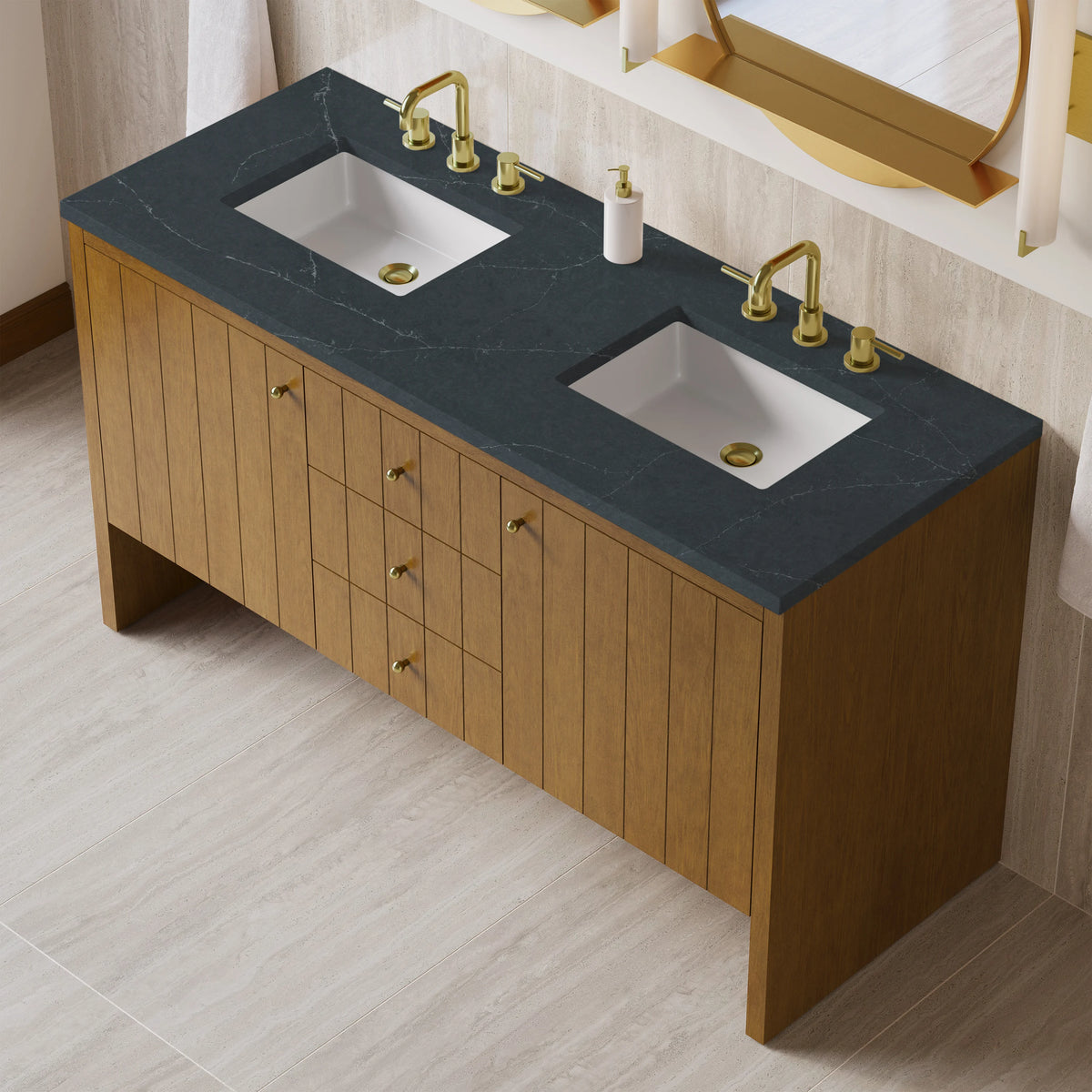 Hudson 60" Double Vanity, Honey Oak w/ 3 CM Charcoal Soapstone Silestone Top, view 8
