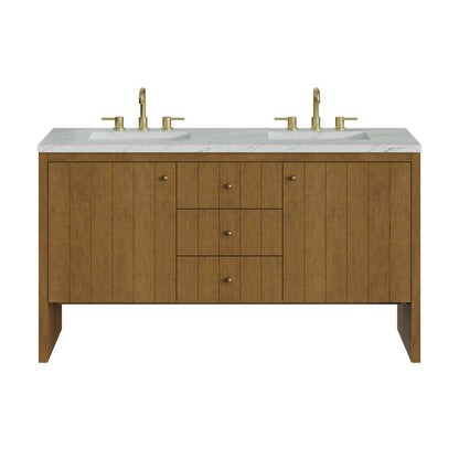 Hudson 60" Double Vanity, Honey Oak w/ 3 CM Ethereal Noctis Silestone Top w/FreePower Wireless Charger