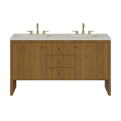 Hudson 60" Double Vanity, Honey Oak w/ 3 CM Siberian Silestone Top w/FreePower Wireless Charger