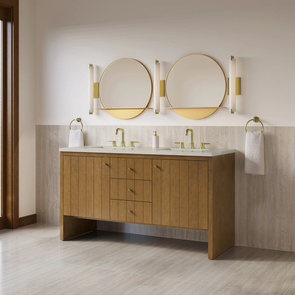 Hudson 60" Double Vanity, Honey Oak w/ 3 CM Siberian Silestone Top w/FreePower Wireless Charger, view 6