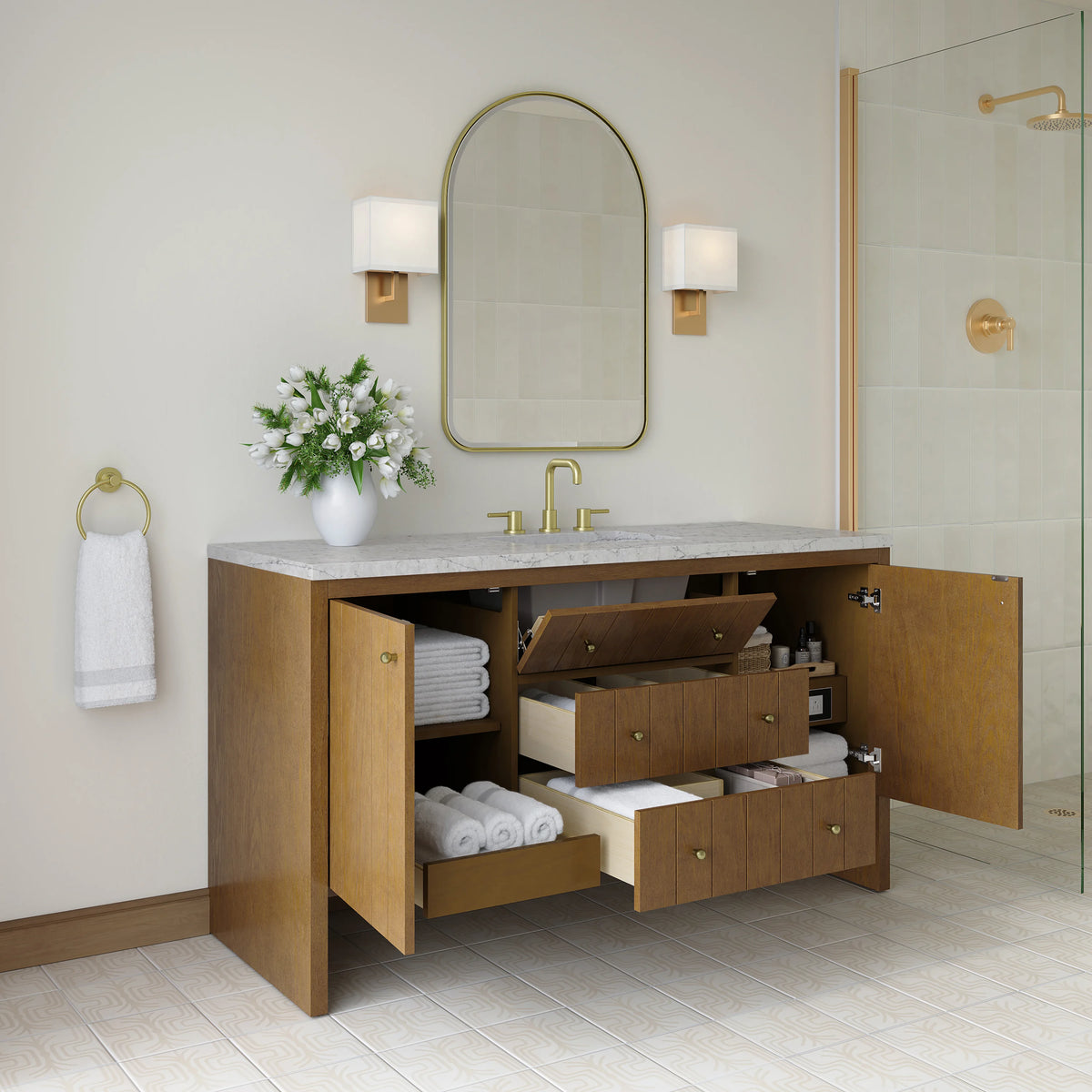 Hudson 60" Single Vanity, Honey Oak w/ 3 CM Eternal Jasmine Pearl Silestone Top, view 5