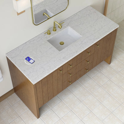 Hudson 60" Single Vanity, Honey Oak w/ 3 CM Eternal Jasmine Pearl Silestone Top w/FreePower Wireless Charger, view 9
