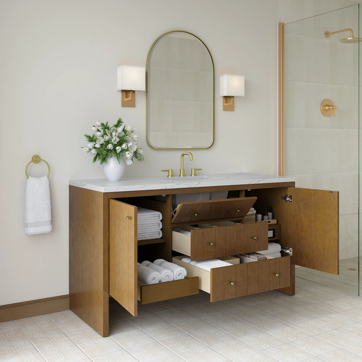 Hudson 60" Single Vanity, Honey Oak w/ 3 CM Ethereal Noctis Silestone Top w/FreePower Wireless Charger, view 6