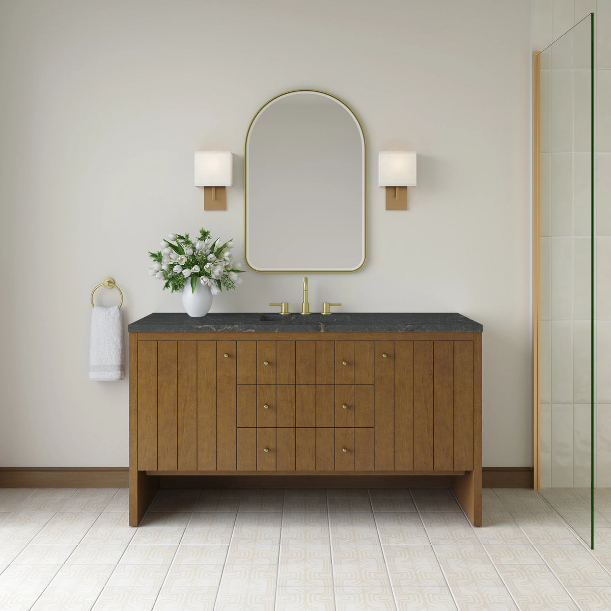 Hudson 60" Single Vanity, Honey Oak w/ 3 CM Parisien Bleu Silestone Top w/FreePower Wireless Charger, view 4