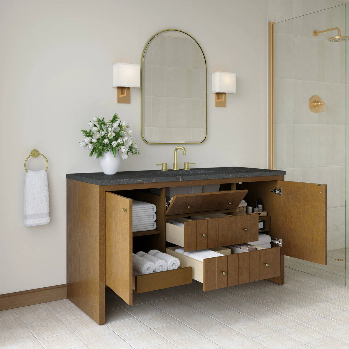 Hudson 60" Single Vanity, Honey Oak w/ 3 CM Parisien Bleu Silestone Top w/FreePower Wireless Charger, view 6