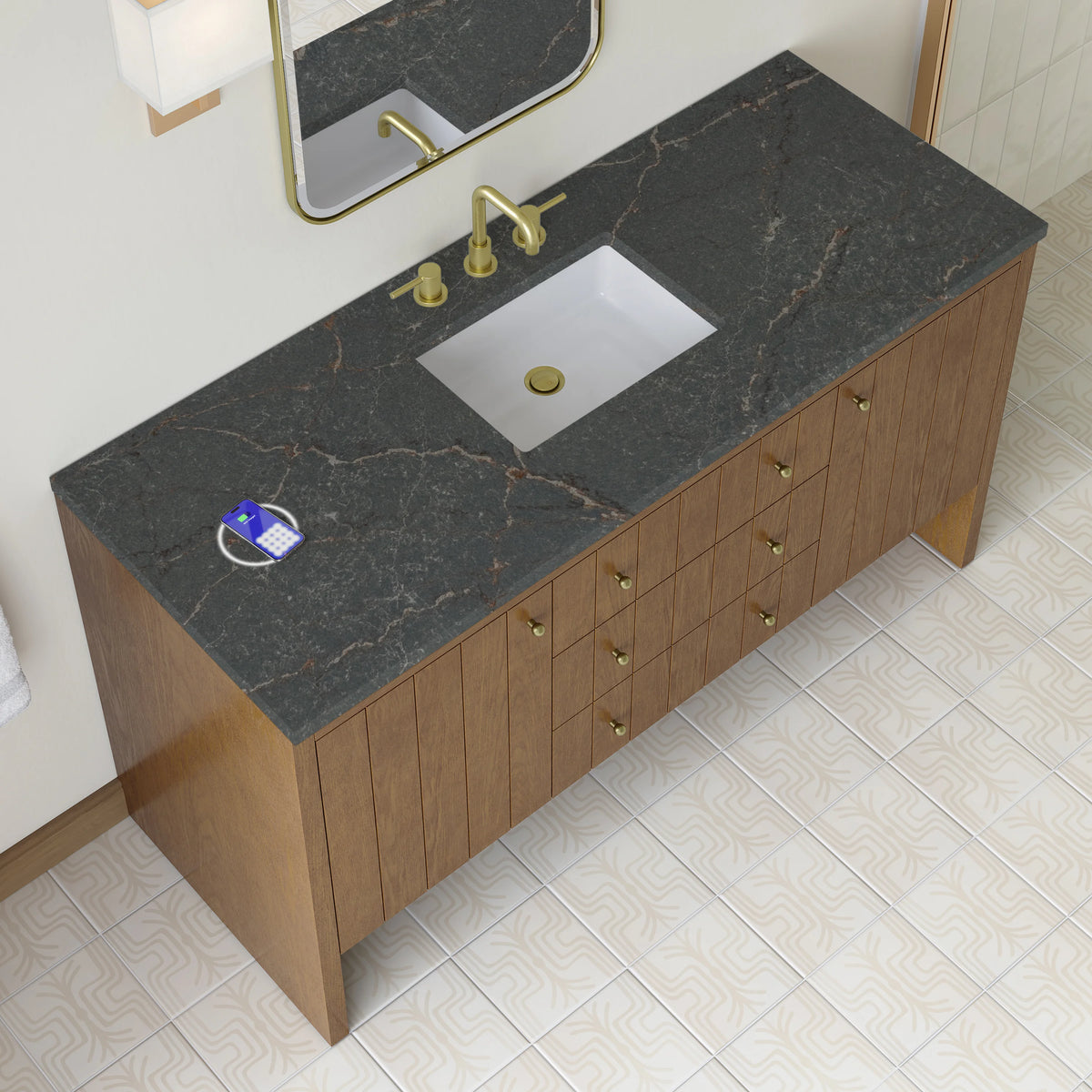 Hudson 60" Single Vanity, Honey Oak w/ 3 CM Parisien Bleu Silestone Top w/FreePower Wireless Charger, view 9