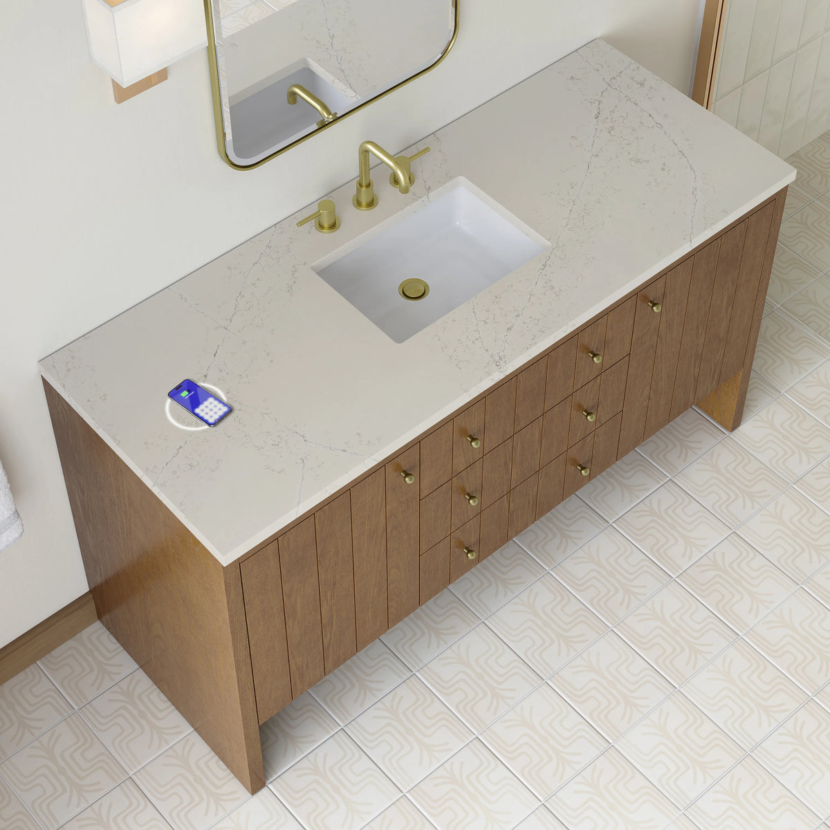 Hudson 60" Single Vanity, Honey Oak w/ 3 CM Siberian Silestone Top w/FreePower Wireless Charger, view 10