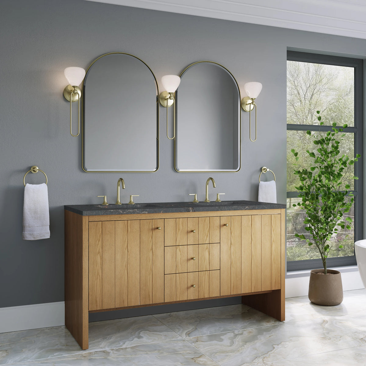 Hudson 60" Double Vanity, Light Natural Oak w/ 3 CM Parisien Bleu Top, view 4