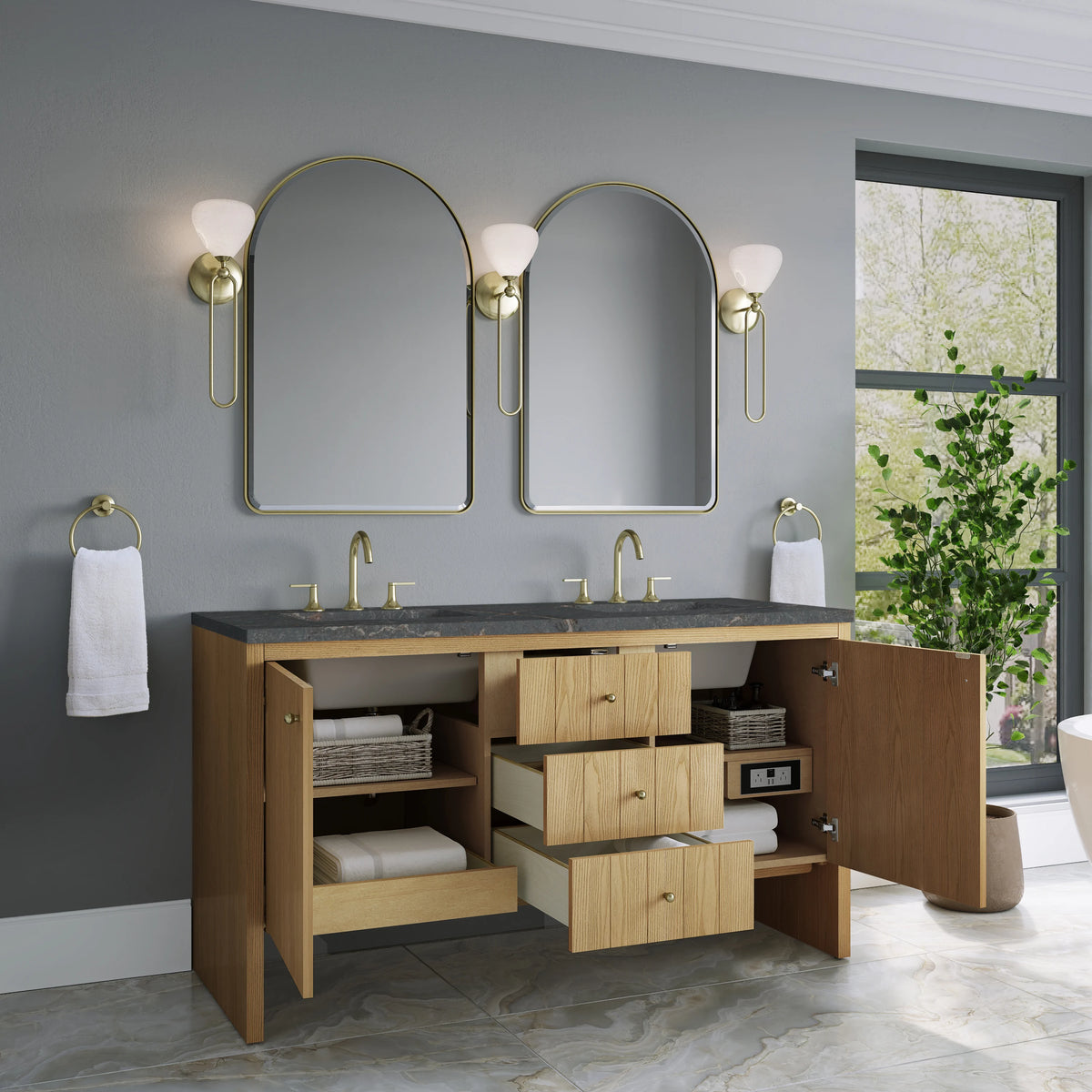 Hudson 60" Double Vanity, Light Natural Oak w/ 3 CM Parisien Bleu Top, view 5