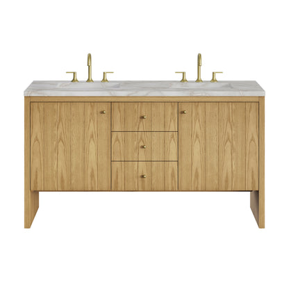 Hudson 60" Double Vanity, Light Natural Oak w/ 3 CM Victorian Silver Top w/FreePower Wireless Charger