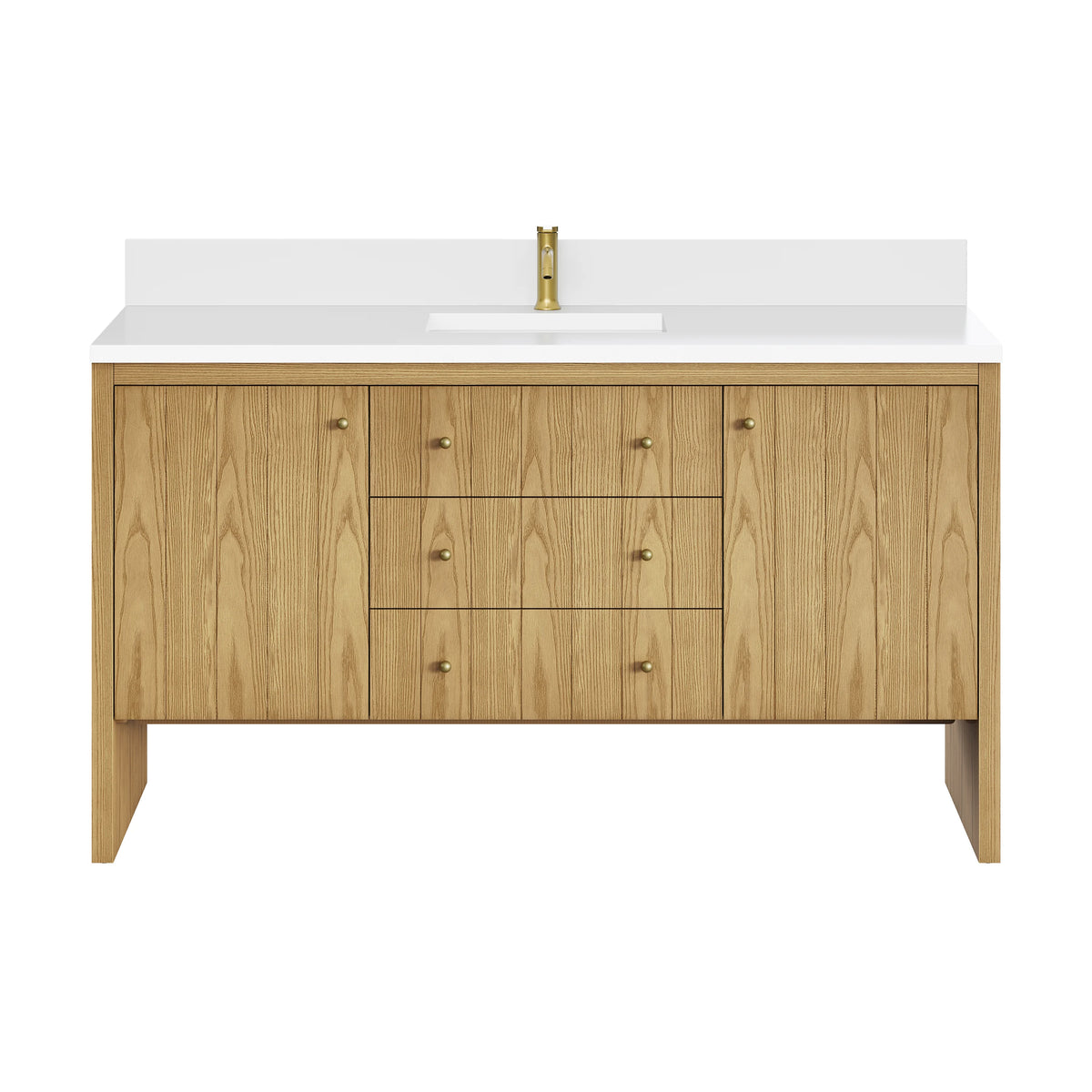 Hudson 60" Single Vanity, Light Natural Oak w/ Single Hole 3 CM White Zeus Top & Backsplash