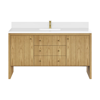 Hudson 60" Single Vanity, Light Natural Oak w/ Single Hole 3 CM White Zeus Top & Backsplash
