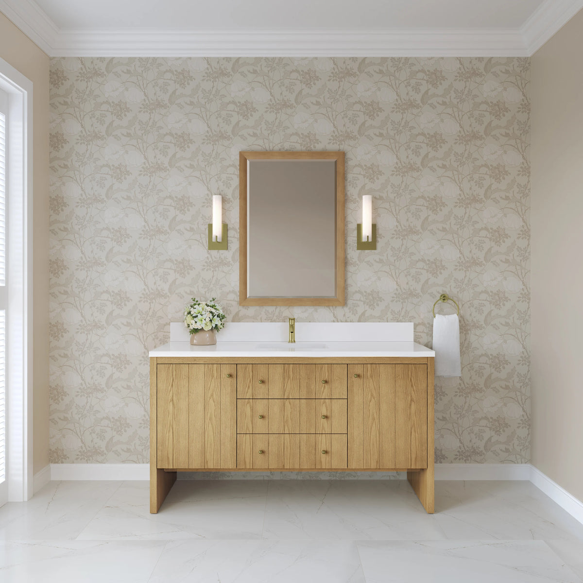 Hudson 60" Single Vanity, Light Natural Oak w/ Single Hole 3 CM White Zeus Top & Backsplash, view 3