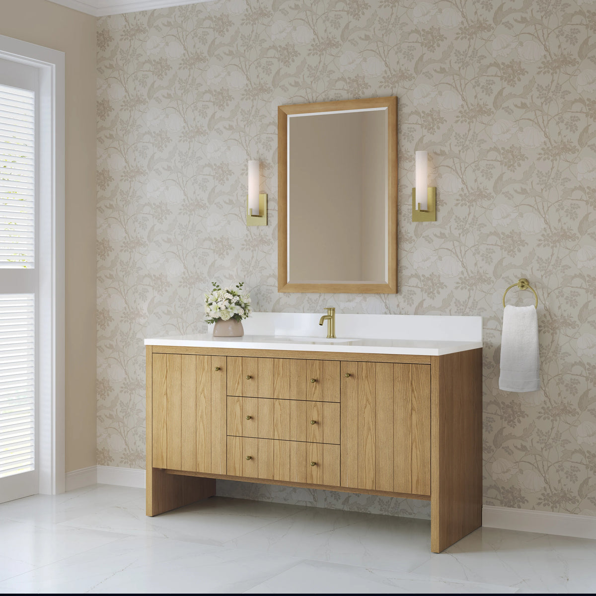 Hudson 60" Single Vanity, Light Natural Oak w/ Single Hole 3 CM White Zeus Top & Backsplash, view 4