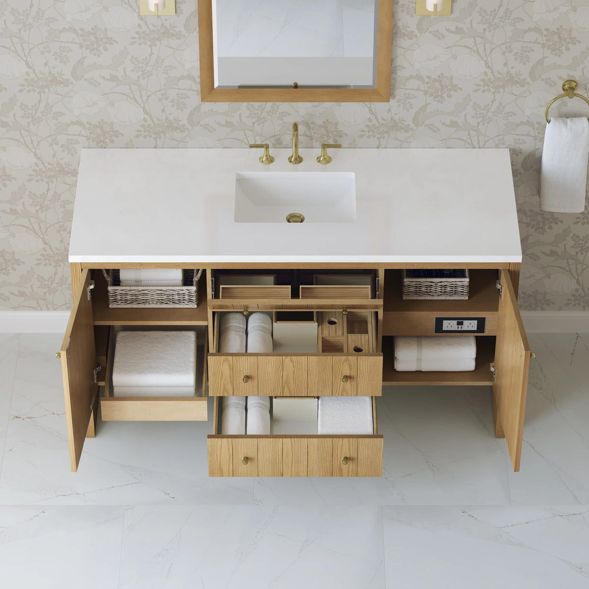 Hudson 60" Single Vanity, Light Natural Oak w/ 3 CM White Zeus Top, view 6