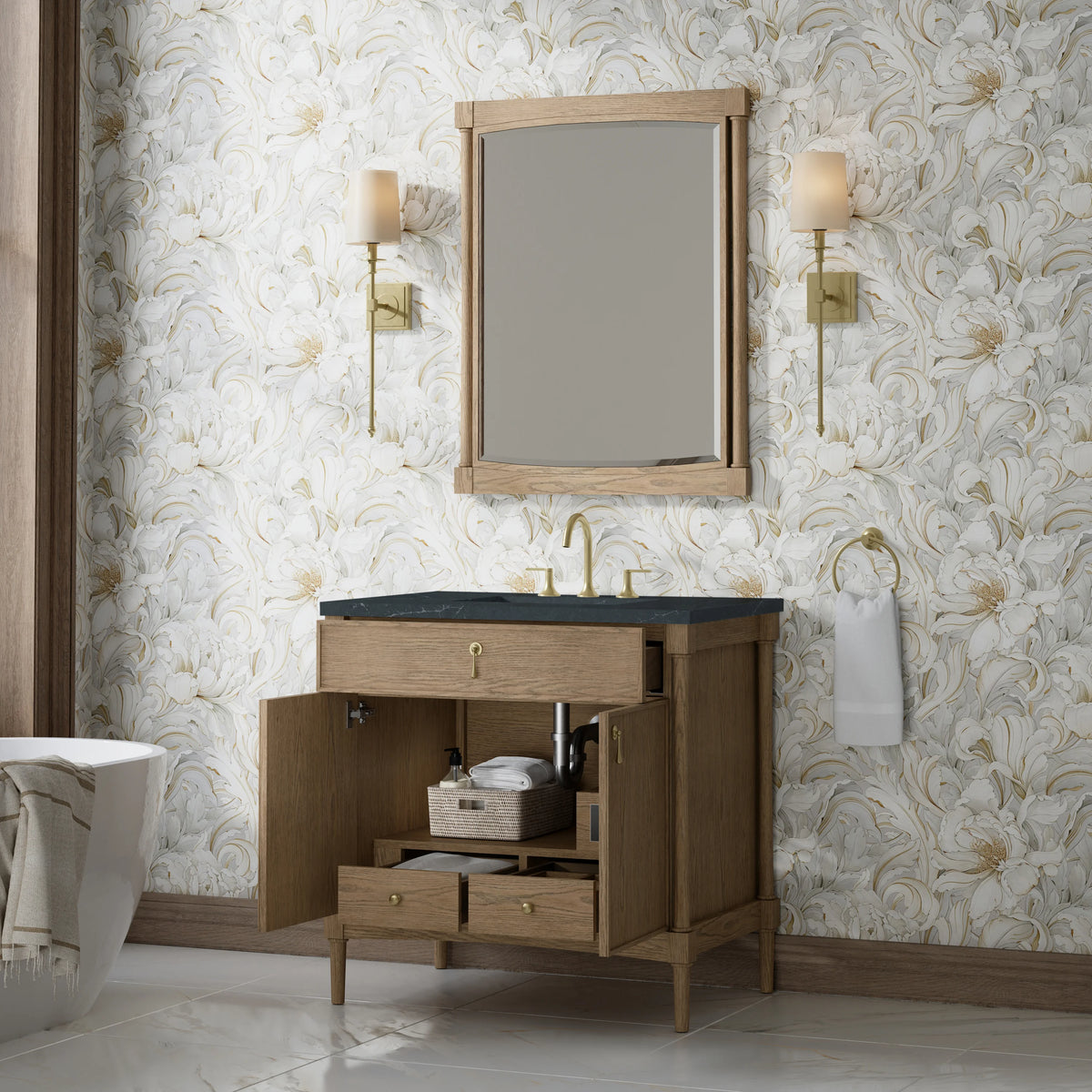 Kinnsden 36" Single Vanity, Weathered Oak w/ 3 CM Charcoal Soapstone Silestone Top, view 5