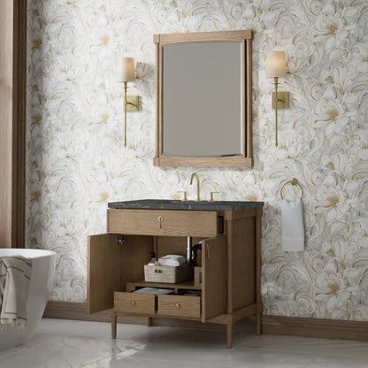 Kinnsden 36" Single Vanity, Weathered Oak w/ 3 CM Parisien Bleu Silestone Top, view 5