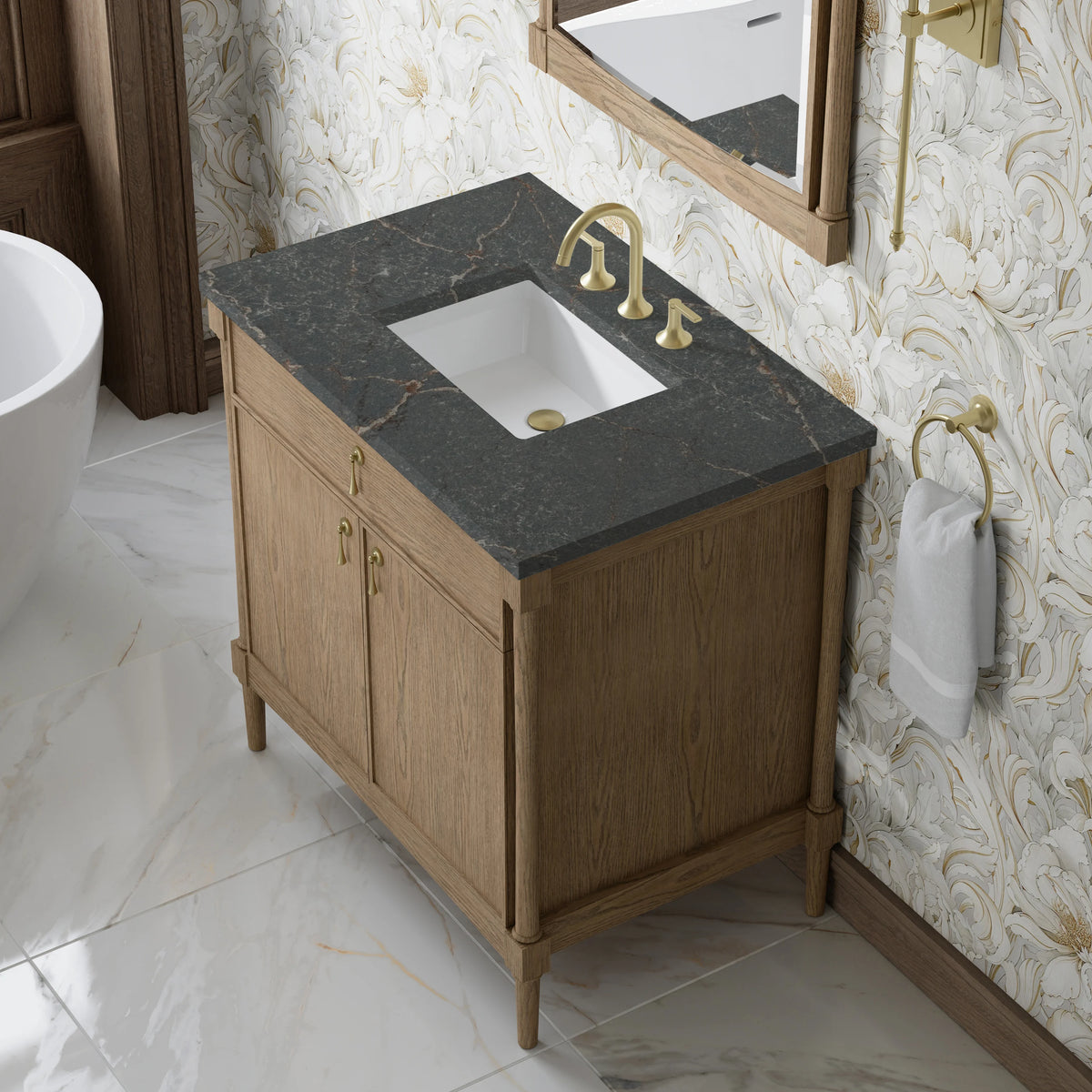 Kinnsden 36" Single Vanity, Weathered Oak w/ 3 CM Parisien Bleu Silestone Top, view 7