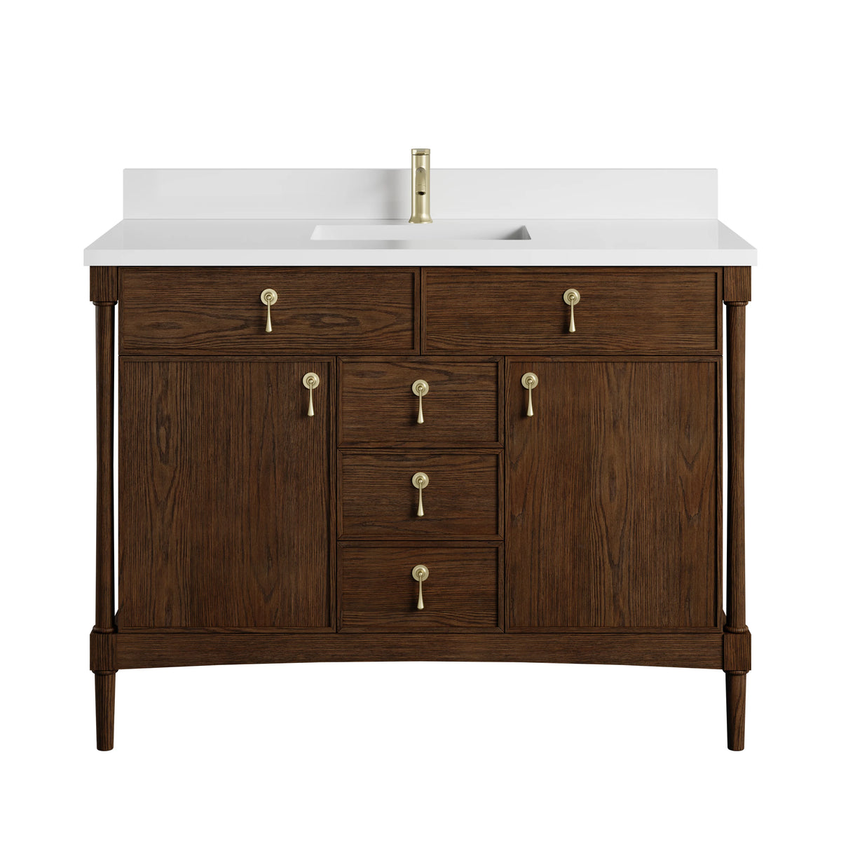 Kinnsden 48" Single Vanity, Sable Oak w/ Single Hole 3 CM White Zeus Silestone Top and Matching Backsplash