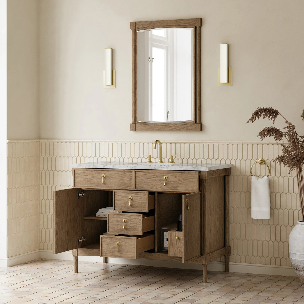 Kinnsden 48" Single Vanity, Weathered Oak w/ 3 CM Carrara Marble Top, view 5