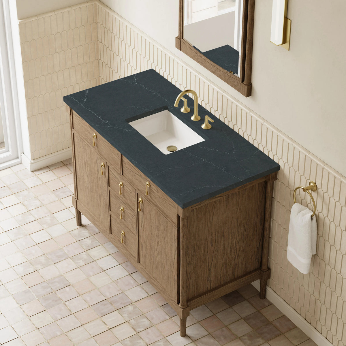 Kinnsden 48" Single Vanity, Weathered Oak w/ 3 CM Charcoal Soapstone Silestone Top, view 7