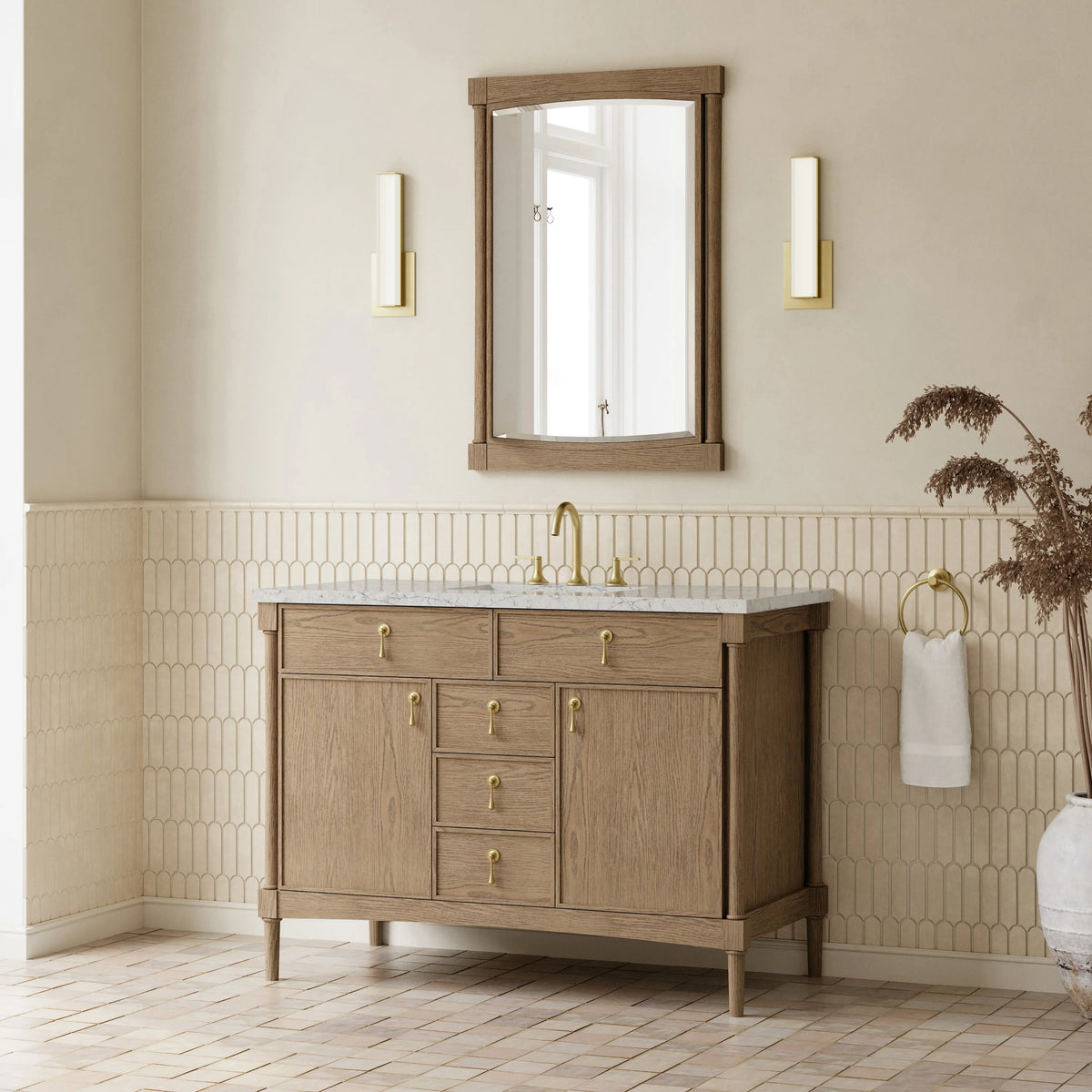 Kinnsden 48" Single Vanity, Weathered Oak w/ 3 CM Eternal Jasmine Pearl Silestone Top, view 4