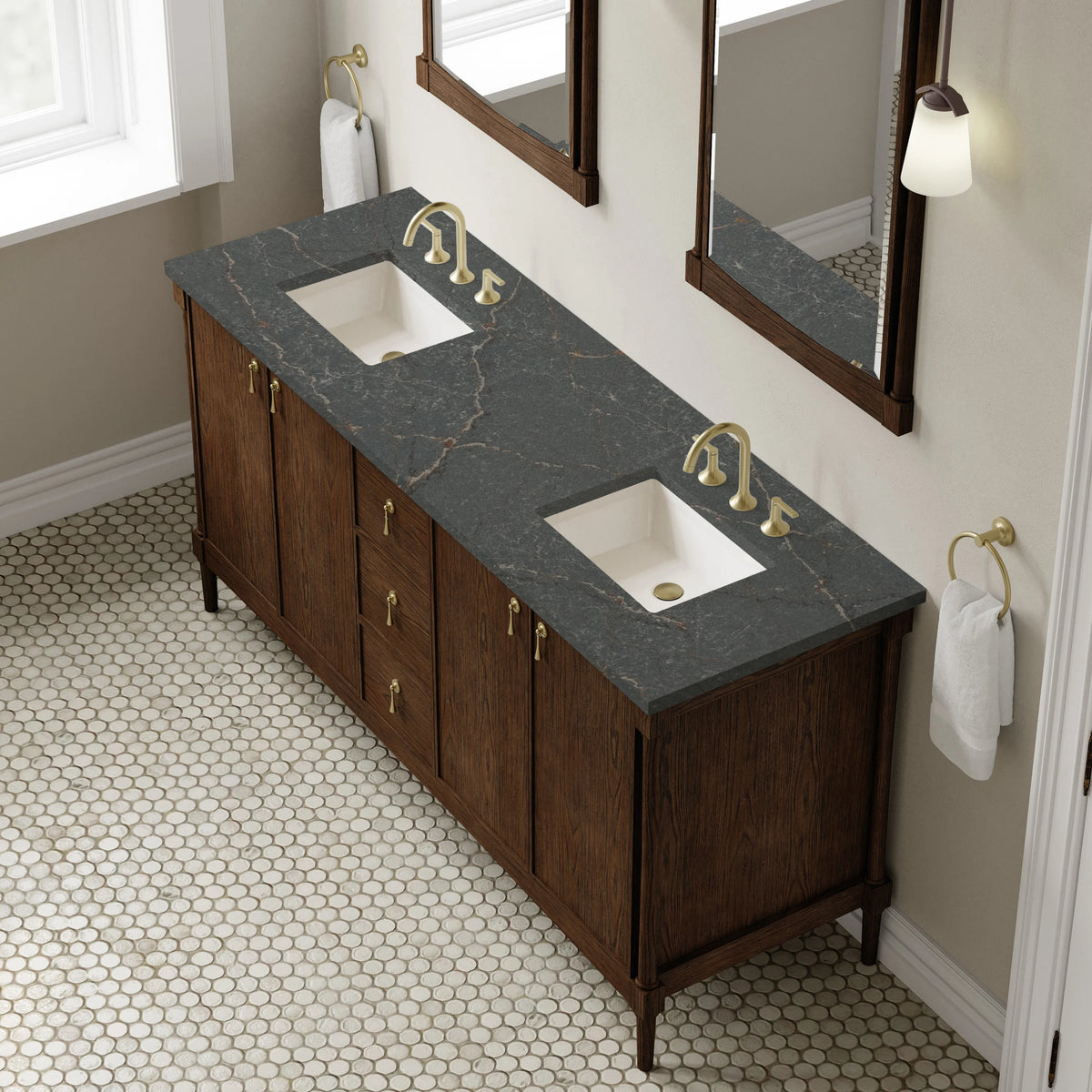 Kinnsden 72" Double Vanity, Sable Oak w/ 3 CM Parisien Bleu Silestone Top, view 7