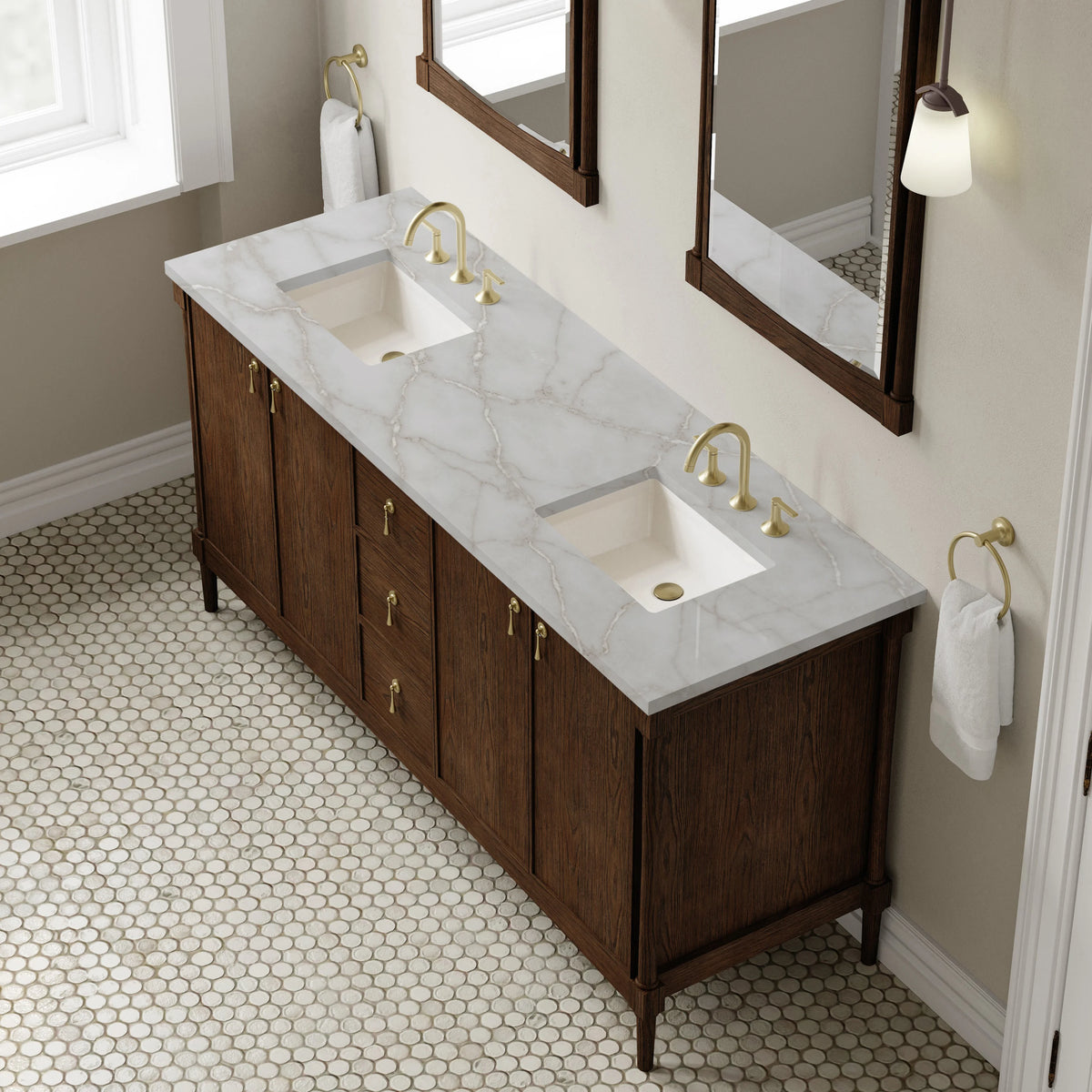 Kinnsden 72" Double Vanity, Sable Oak w/ 3 CM Victorian Silver Silestone Top, view 7