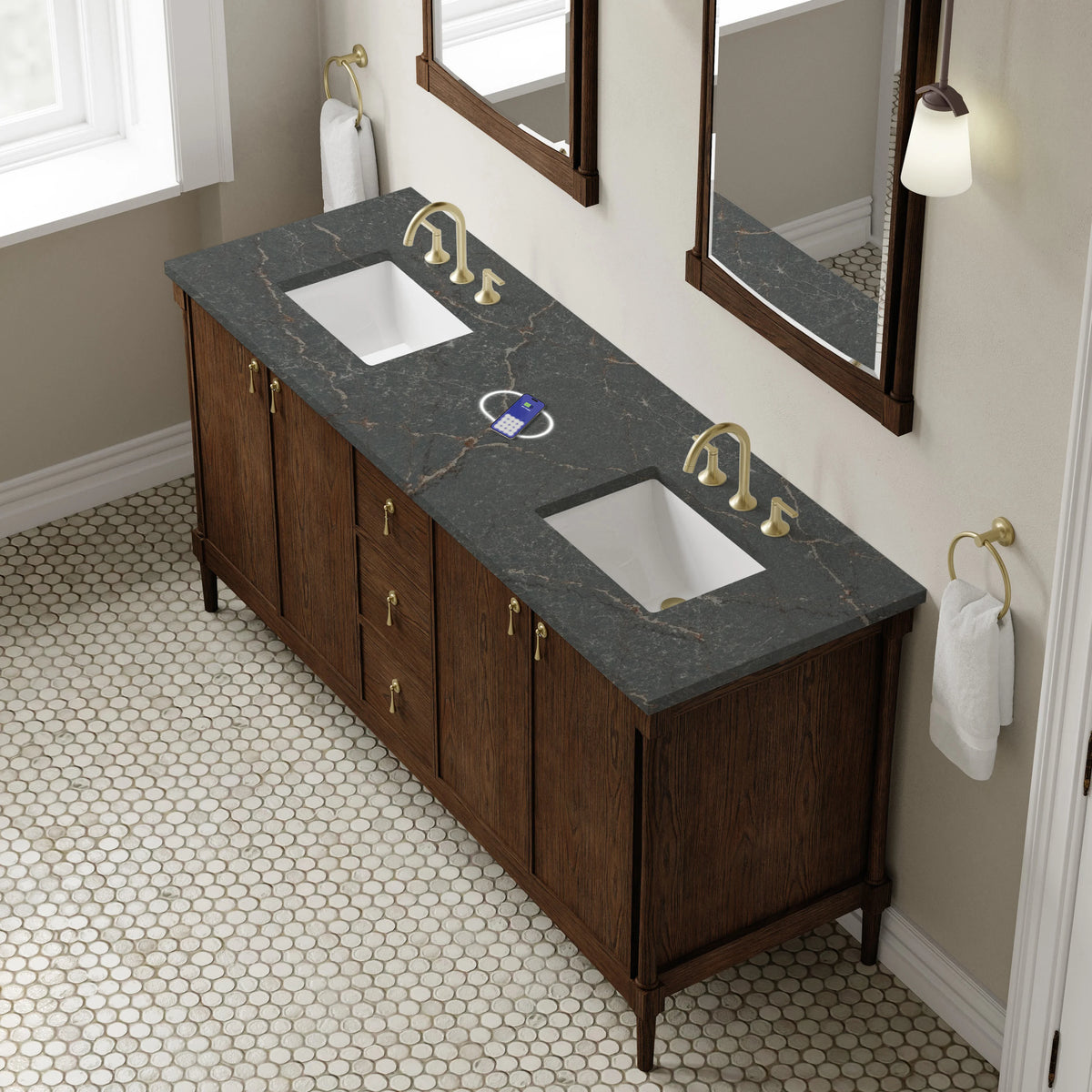 Kinnsden 72" Double Vanity, Sable Oak w/ 3 CM Parisien Bleu Silestone Top w/FreePower Wireless Charger, view 8