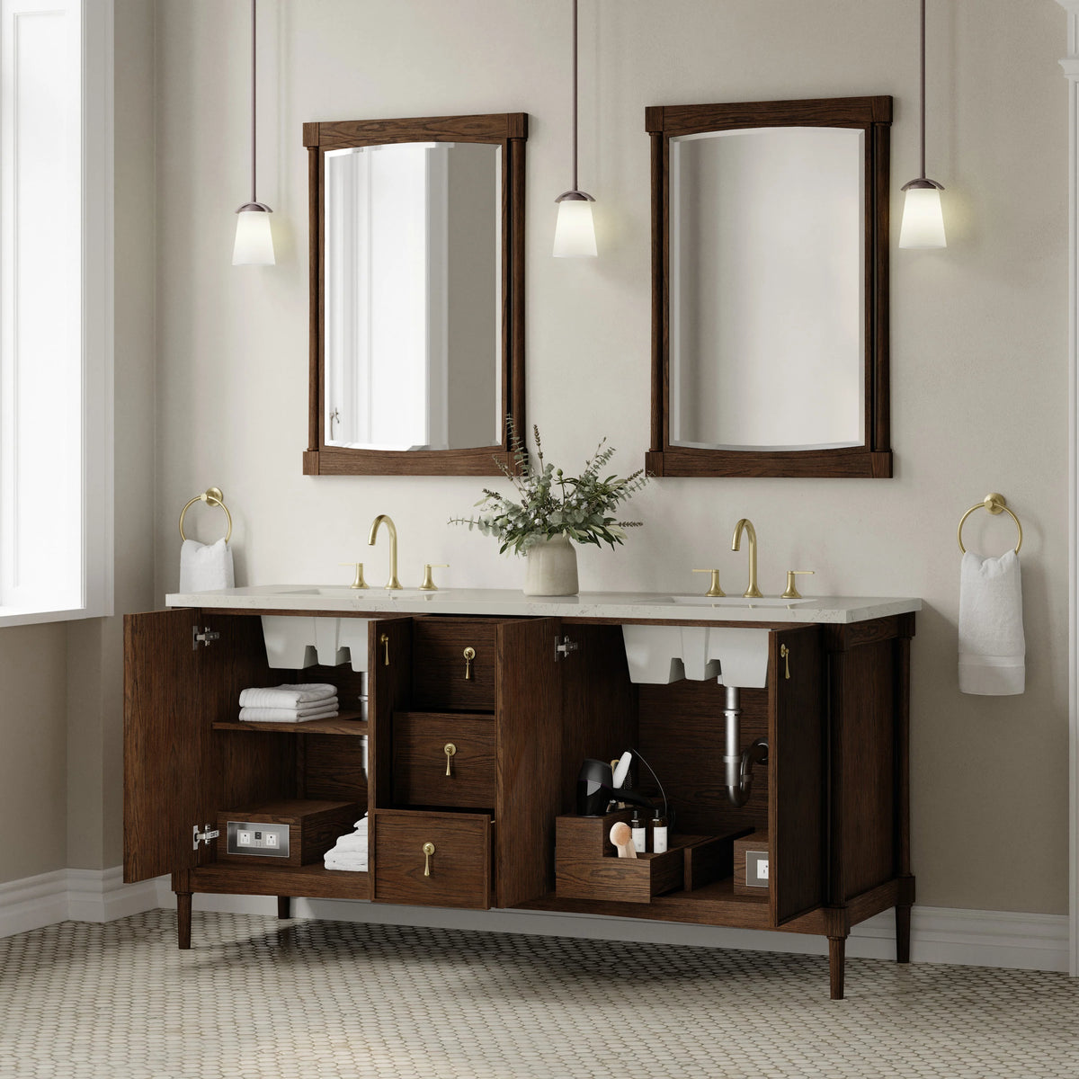 Kinnsden 72" Double Vanity, Sable Oak w/ 3 CM Siberian Silestone Top w/FreePower Wireless Charger, view 7