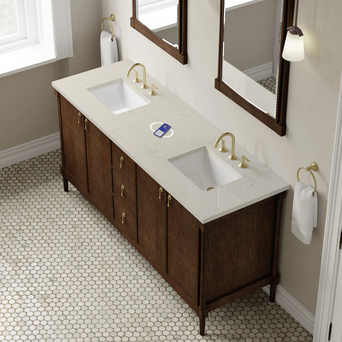 Kinnsden 72" Double Vanity, Sable Oak w/ 3 CM Siberian Silestone Top w/FreePower Wireless Charger, view 9