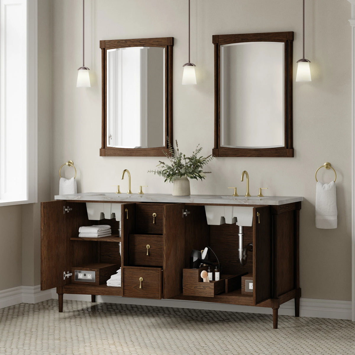 Kinnsden 72" Double Vanity, Sable Oak w/ 3 CM Victorian Silver Silestone Top w/FreePower Wireless Charger, view 6