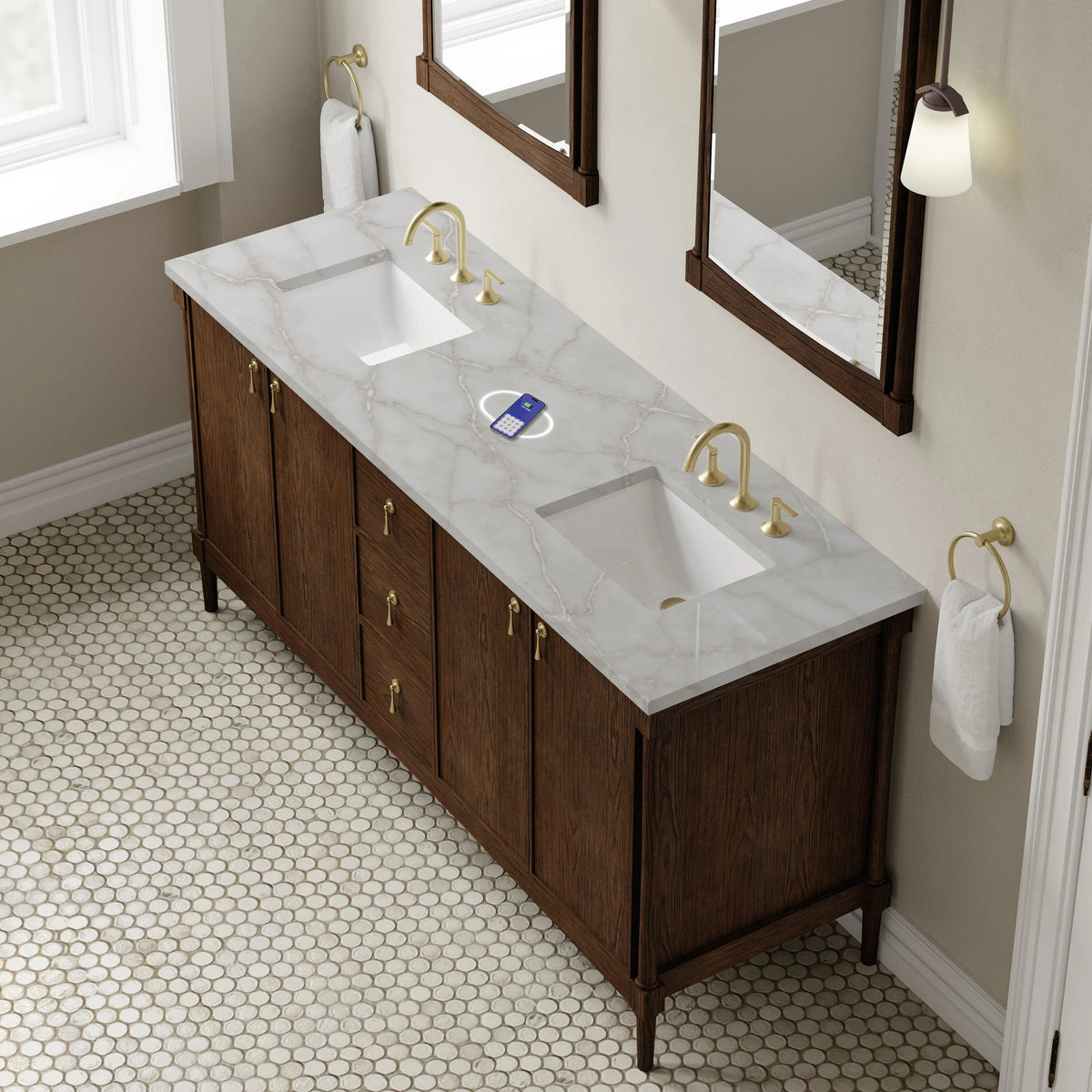Kinnsden 72" Double Vanity, Sable Oak w/ 3 CM Victorian Silver Silestone Top w/FreePower Wireless Charger, view 8