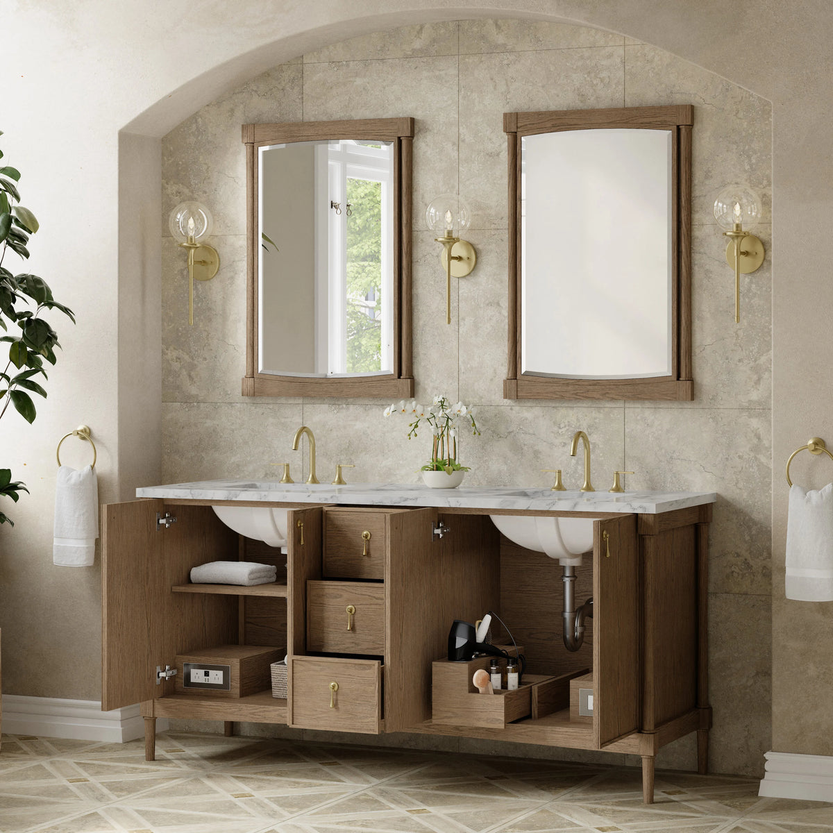 Kinnsden 72" Double Vanity, Weathered Oak w/ 3 CM Carrara Marble Top, view 5