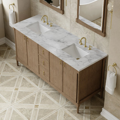 Kinnsden 72" Double Vanity, Weathered Oak w/ 3 CM Carrara Marble Top, view 7
