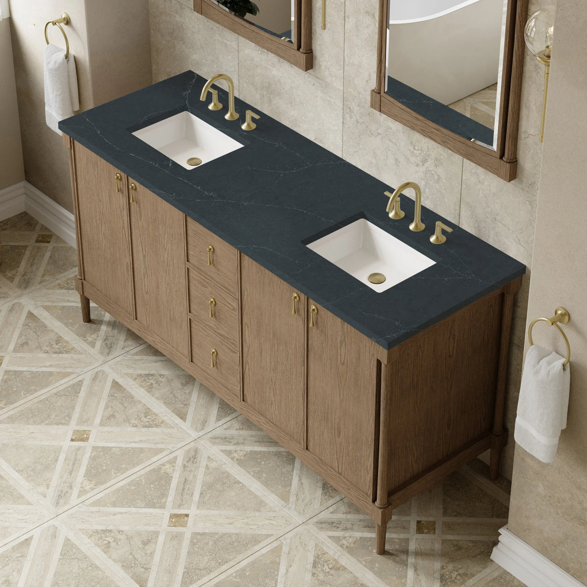 Kinnsden 72" Double Vanity, Weathered Oak w/ 3 CM Charcoal Soapstone Silestone Top, view 7